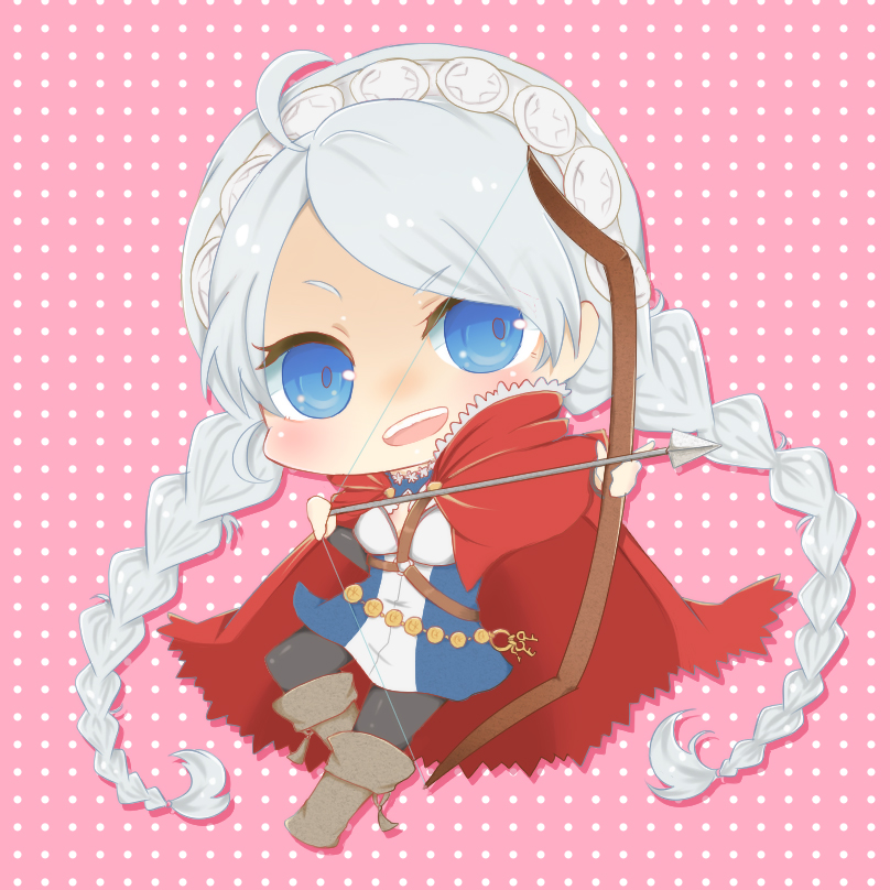 ahoge, arrow_(projectile), bangs, blue_eyes, boots, bow_(weapon), braid, cape, chibi, fire_emblem, fire_emblem_fates, hairband, holding, holding_arrow, holding_bow_(weapon), holding_weapon, hood, hood_down, hooded_cape, key, keyring, kotoriya_kuguri, leather, leather_boots, looking_at_viewer, low_twin_braids, nina_(fire_emblem), o-ring, open_mouth, parted_bangs, pink_background, red_cape, solo, teeth, twin_braids, upper_teeth_only, weapon, white_hair, white_hairband