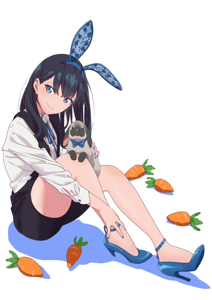1girl, alternate_costume, animal_ears, bangs, black_hair, blue_eyes, blue_footwear, blue_hairband, blue_nails, blue_ribbon, carrot, closed_mouth, commentary_request, cunepero, eyelashes, fake_animal_ears, frilled_shirt, frills, full_body, gridman_universe, hairband, hand_on_own_leg, head_tilt, high_heels, highres, holding, knees_up, legs, long_hair, long_sleeves, neck_ribbon, overall_shorts, overalls, rabbit_ears, ribbon, shadow, shirt, sidelocks, simple_background, sitting, smile, solo, ssss.gridman, strappy_heels, takarada_rikka, thighs, white_background, white_shirt