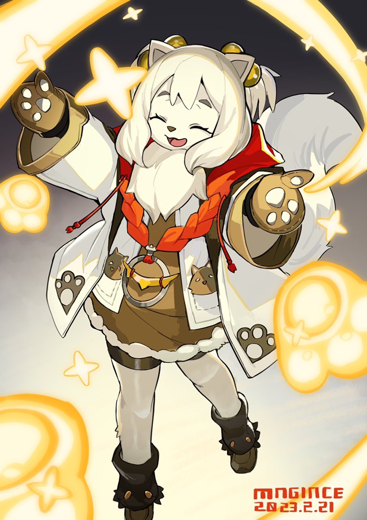 1girl, :3, ^_^, animal_ears, animal_nose, arms_up, artist_name, bangs, bike_shorts, black_socks, blonde_hair, body_fur, brown_dress, brown_footwear, brown_gloves, chinese_commentary, closed_eyes, coat, commentary_request, dated, dress, female_child, fini_(world_flipper), flat_chest, fur-trimmed_dress, fur_collar, fur_trim, furry, furry_female, gloves, gradient_background, hair_bobbles, hair_ornament, happy, jewelry, light_trail, long_sleeves, magiace, mittens, necklace, open_clothes, open_coat, open_mouth, outstretched_arms, shoes, short_dress, short_hair, sidelocks, signature, smile, socks, solo, sparkle, spread_arms, tail, tongue, white_coat, wide_sleeves, world_flipper, yellow_fur
