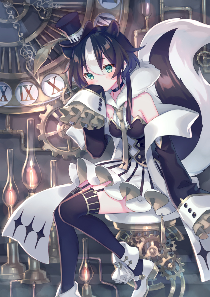 1girl, animal_ears, blush, clock, covering_mouth, frilled_sleeves, frills, garter_straps