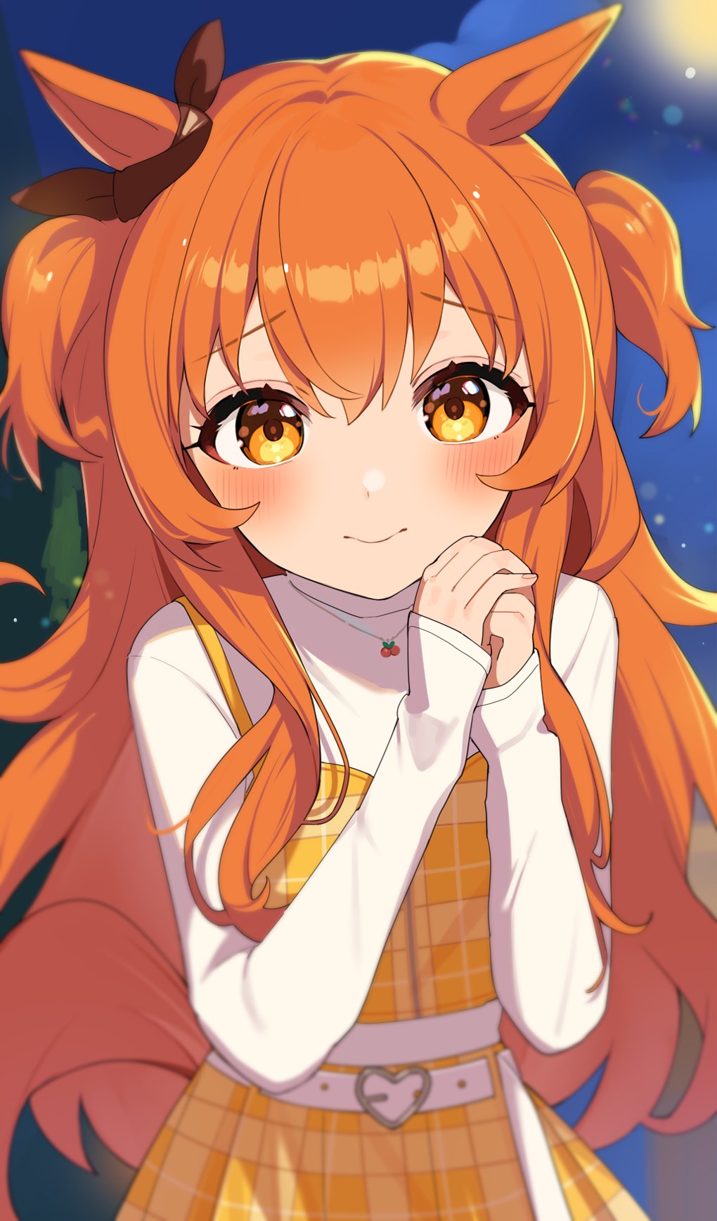 1girl, animal_ears, belt, blush, casual, commentary_request, hair_between_eyes, hair_ornament