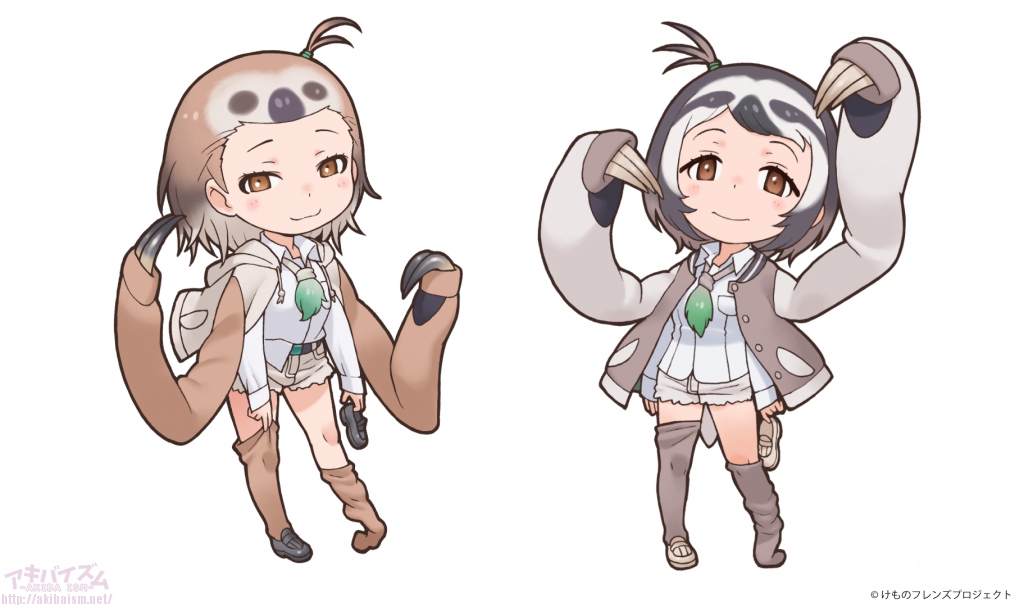 2girls, belt, brown_eyes, brown_hair, closed_mouth, grey_hair, hood, hoodie, jacket, kemono_friends, linnaeus's_two-toed_sloth_(kemono_friends), multiple_girls, necktie, official_art, pale-throated_three-toed_sloth_(kemono_friends), shirt, shoes, short_hair, shorts, socks, thigh-highs, yoshizaki_mine