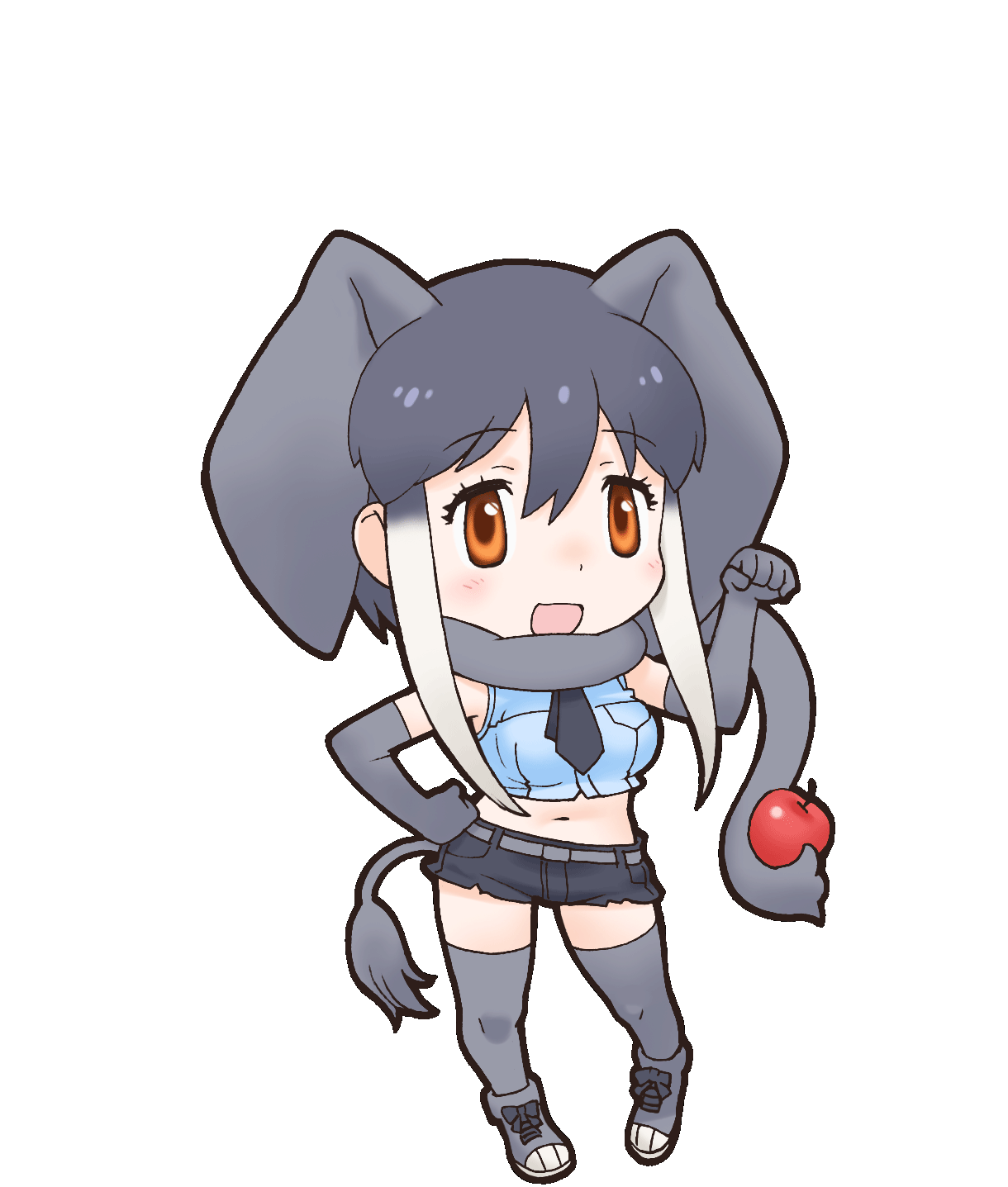 1girl, african_elephant_(kemono_friends), apple, black_hair, elbow_gloves, elephant_ears, elephant_girl, elephant_tail