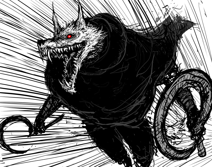 1boy, animal_ears, black_cloak, cloak, death_(puss_in_boots), dual_wielding, glowing, glowing_eyes, highres, holding, holding_weapon, hood, hooded_cloak, monochrome, puss_in_boots:_the_last_wish, red_eyes, sharp_teeth, sickle, solo, spaghetti-bastard, teeth, weapon, wolf_boy, wolf_ears