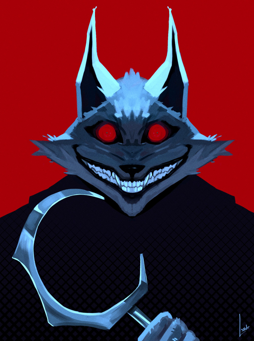 1boy, absurdres, animal_ears, animal_nose, cloak, crazy_smile, death_(puss_in_boots), glowing, glowing_eyes, highres, holding, holding_weapon, hood, hooded_cloak, l3iide, puss_in_boots:_the_last_wish, red_background, red_eyes, sharp_teeth, sickle, signature, smile, solo, teeth, weapon, wolf_ears