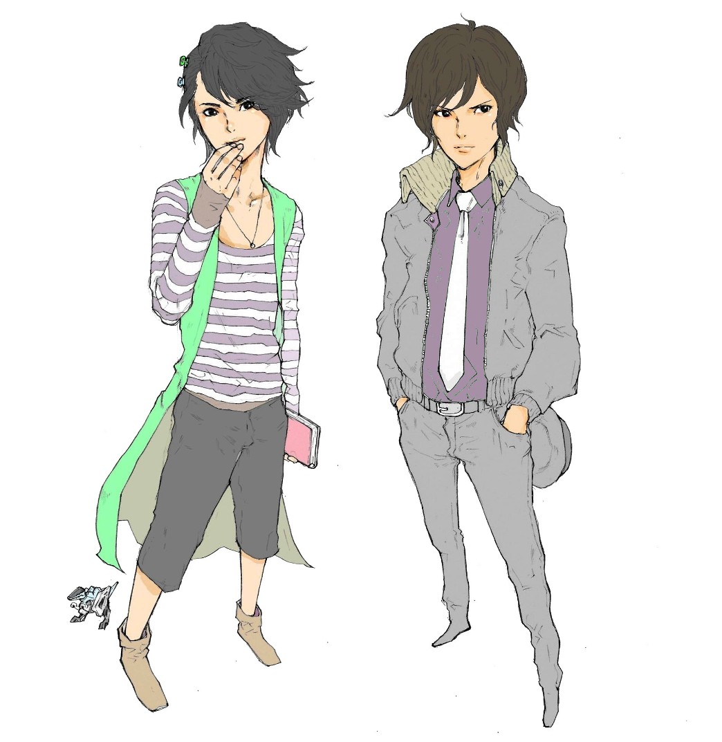 2boys, arm_at_side, belt, belt_buckle, black_eyes, black_hair, black_pants, book