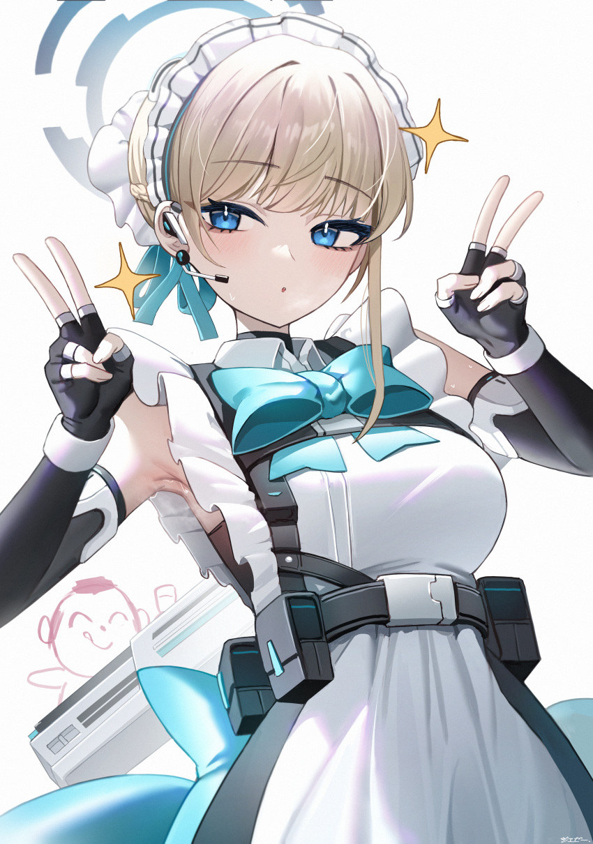 1girl, absurdres, apron, armpits, arona's_sensei_doodle_(blue_archive), assault_rifle, belt_pouch, blonde_hair