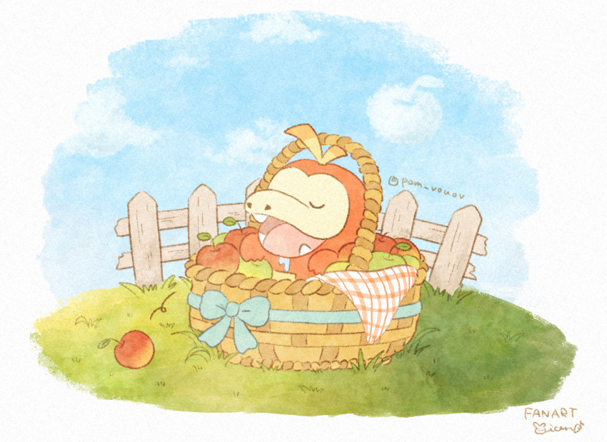 apple, basket, closed_eyes, clouds, commentary_request, day, fangs, fence