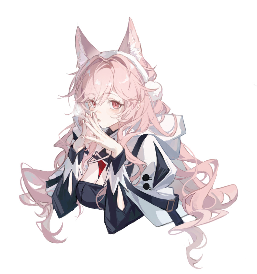1girl, animal_ear_fluff, animal_ears, arknights, black_dress, blush, breath, capelet, cropped_torso, dress, earmuffs, fingernails, hair_between_eyes, highres, long_hair, long_sleeves, looking_at_viewer, nail_polish, official_alternate_costume, own_hands_together, parted_lips, pink_eyes, pink_hair, pink_nails, pozyomka_(arknights), pozyomka_(snowy_plains_in_words)_(arknights), shieryue164, simple_background, solo, steepled_fingers, upper_body, very_long_hair, white_background, white_capelet, wolf_ears, wolf_girl