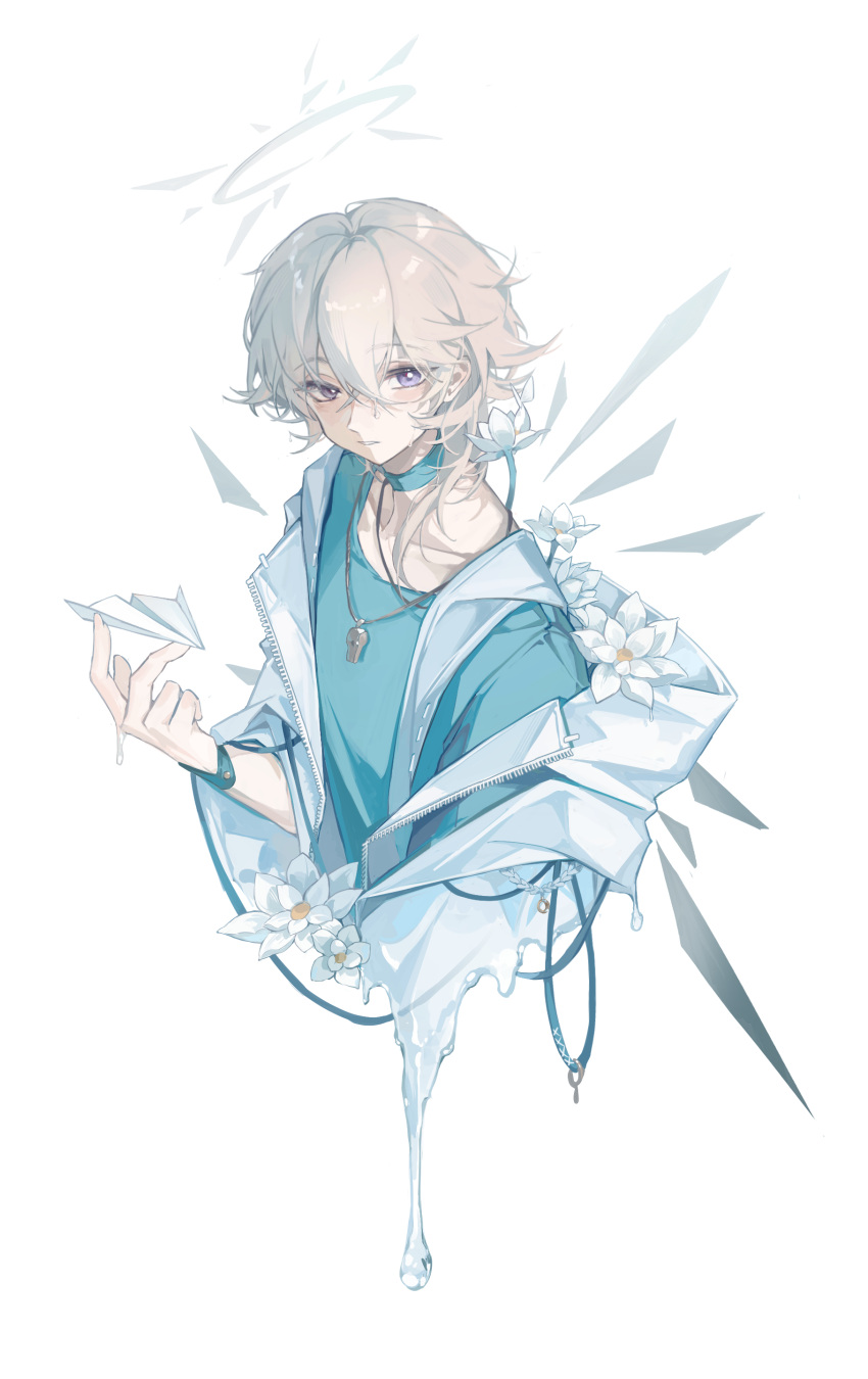 1boy, absurdres, arknights, blue_shirt, collarbone, commentary, cropped_torso, detached_wings