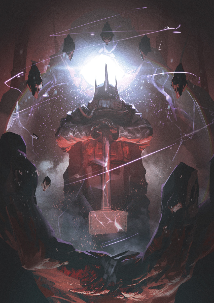 1girl, absurdres, arknights, armor, commentary, dynamic_pose, energy_barrier, facing_viewer, floating_rock, formal, full_armor, full_body, glowing, golem, hammer, hands_on_hilt, highres, holding, holding_hammer, lightning, mask, mudrock_(arknights), neg_(101neg), rock, solo, standing, suit, war_hammer, weapon