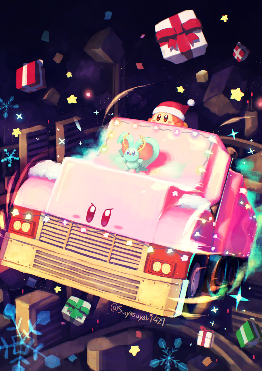absurdres, antlers, artist_name, bandana_waddle_dee, big-rig_mouth, blush, blush_stickers, box, building, christmas, christmas_lights, cityscape, cosplay, elfilin, fecto_elfilis, fecto_elfilis_(cosplay), flying, fur-trimmed_headwear, fur_trim, gift, gift_box, ground_vehicle, hat, highres, highway, kirby_(series), kirby_and_the_forgotten_land, motor_vehicle, mouthful_mode, no_humans, red_headwear, rubble, santa_hat, semi_truck, skyscraper, snowflakes, sparkle, star_(symbol), suyasuyabi, trailer, truck, twitter_username, v-shaped_eyebrows