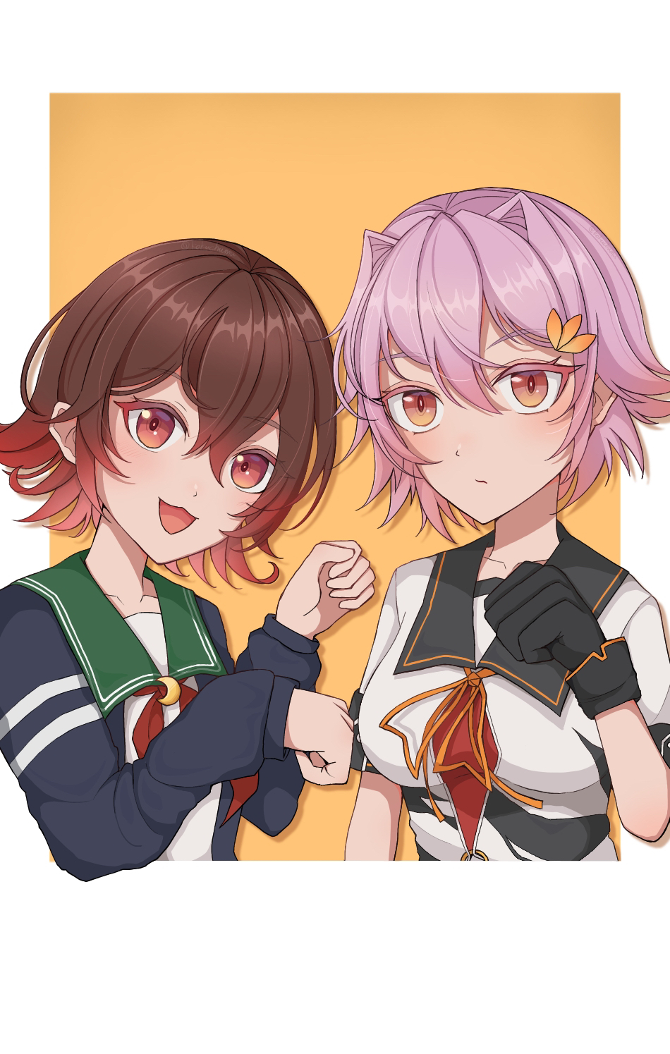 2girls, bangs, black_cardigan, black_gloves, brown_hair, cardigan, closed_mouth, crescent