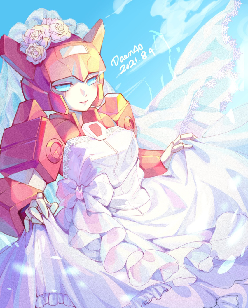 1girl, artist_name, azuredawn40, blue_eyes, breasts, bridal_veil, clothed_robot, clothes_lift, clouds, dated, dress, dress_lift, elita_one, flower, highres, looking_at_viewer, mecha, robot, sky, small_breasts, smile, solo, strapless, strapless_dress, transformers, veil, wedding_dress, white_flower