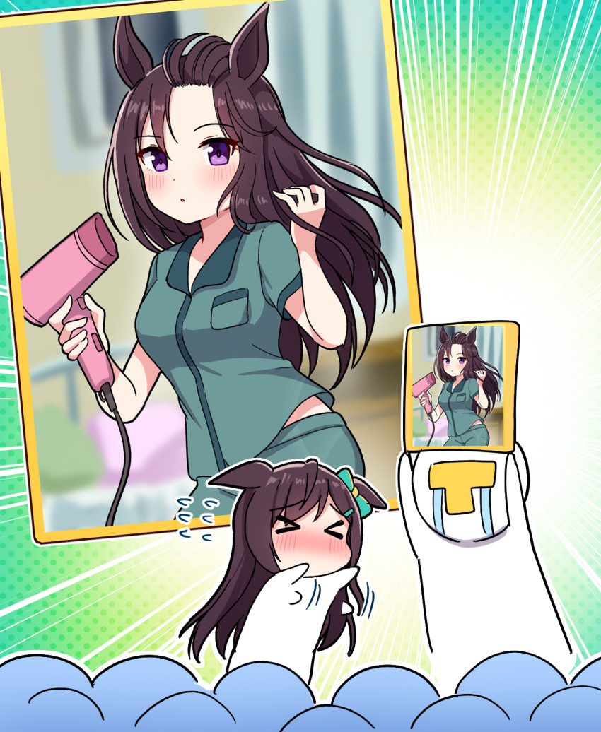 >_<, 1boy, 1girl, alternate_costume, animal_ears, arms_up, black_hair, blush