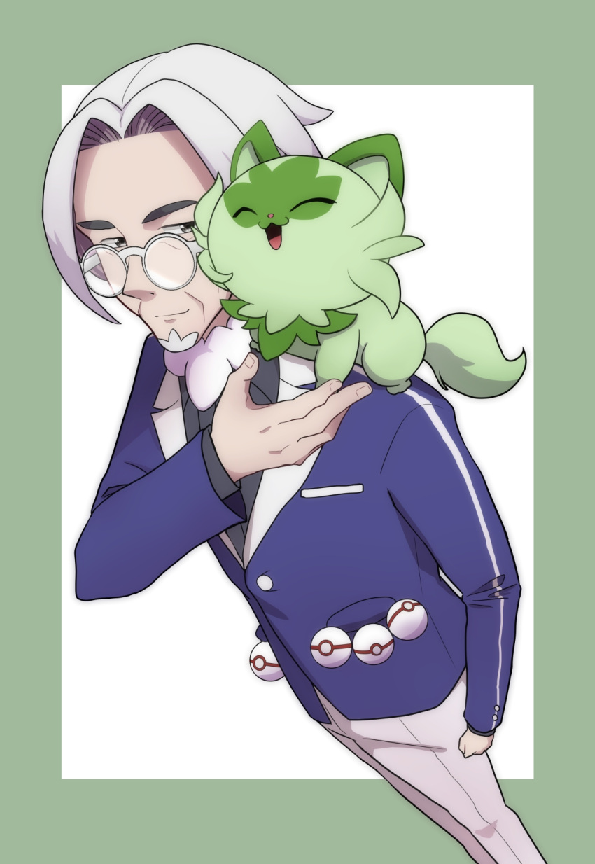 1boy, clavell_(pokemon), clenched_hand, closed_mouth, commentary_request, facial_hair, glasses, goatee, grey-framed_eyewear, grey_eyes, hand_up, highres, jacket, kisaki_(pixiv3016850), looking_to_the_side, male_focus, on_shoulder, pants, poke_ball, pokemon, pokemon_(creature), pokemon_(game), pokemon_on_shoulder, pokemon_sv, premier_ball, purple_jacket, round_eyewear, shirt, smile, sprigatito