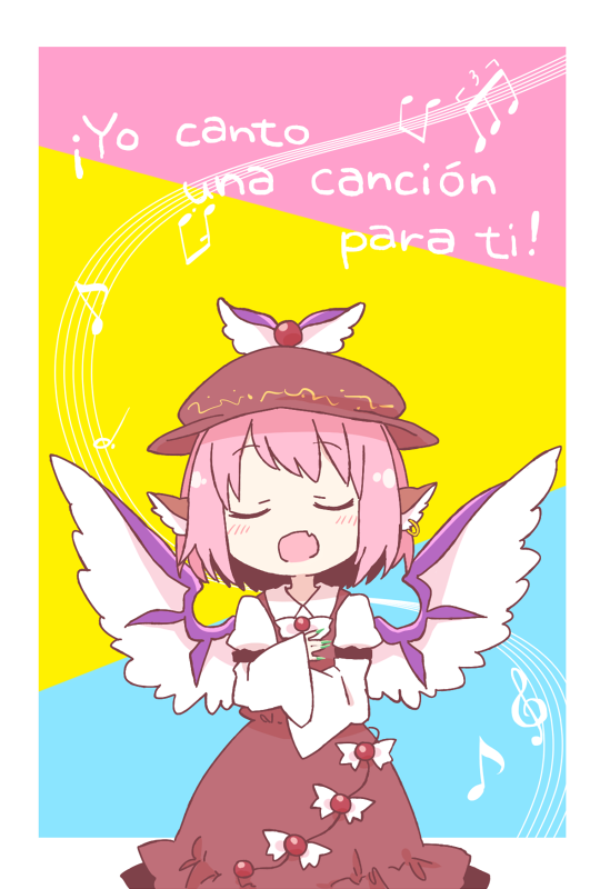 1girl, animal_ears, beamed_eighth_notes, bird_ears, bird_wings, blush, brown_dress, brown_headwear, closed_eyes, dotted_half_note, dress, earrings, eighth_note, fang, fingernails, green_nails, hat, jewelry, long_fingernails, long_sleeves, musical_note, mystia_lorelei, nail_polish, open_mouth, pink_hair, sharp_fingernails, short_hair, single_earring, skin_fang, sleeve_garter, sleeves_past_wrists, solo, straight-on, touhou, treble_clef, upper_body, white_wings, wide_sleeves, winged_hat, wings, yamabuki_(yusuraume)