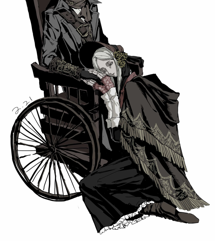 1boy, 1girl, bangs, black_gloves, black_jacket, black_skirt, bloodborne, brown_footwear