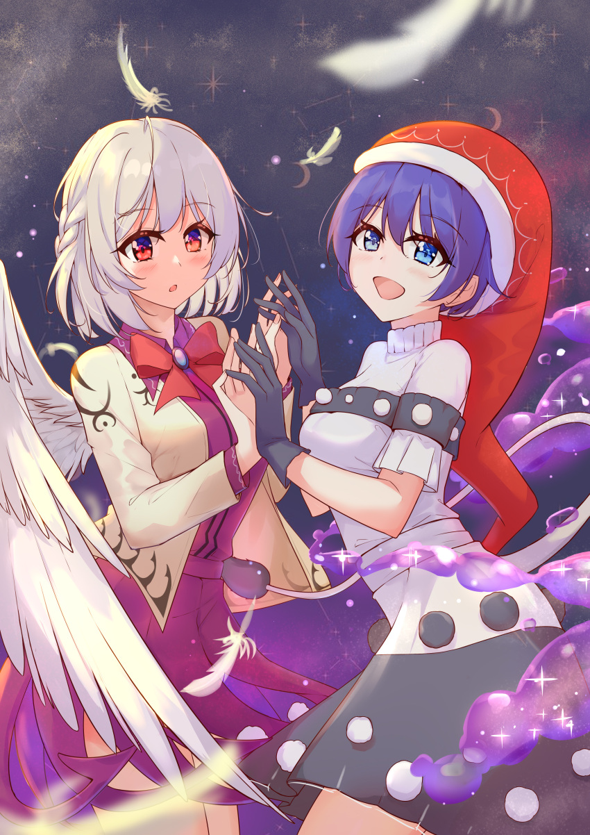 2girls, :d, :o, absurdres, angel_wings, blush, bow, bowtie