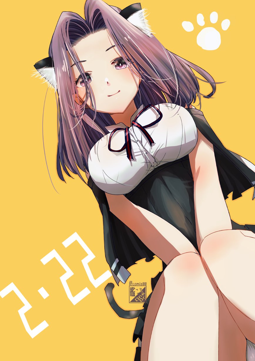 1girl, animal_ears, black_capelet, capelet, cat_day, cat_ears, cat_tail, feet_out_of_frame