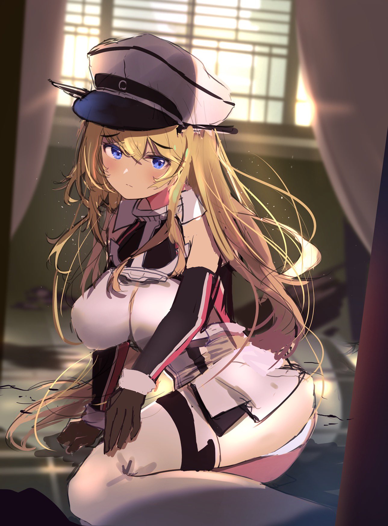 1girl, anchor_hair_ornament, ass, bismarck_(kancolle), blonde_hair, blue_eyes, cross, curtains