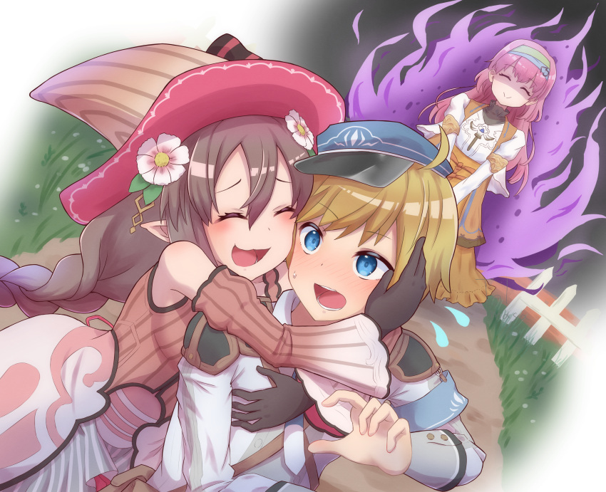 1boy, 2girls, absurdres, angry, ares_(rune_factory), armor, blonde_hair, cheek-to-cheek, closed_eyes, dirt_road, dress, embarrassed, false_smile, fence, flower, flying_sweatdrops, gloves, grass, hair_flower, hair_ornament, hand_on_another's_cheek, hand_on_another's_face, hat, heads_together, highres, hug, ludmila_(rune_factory), multiple_girls, pink_hair, priscilla_(rune_factory), road, rune_factory, rune_factory_5, shoulder_armor, sleeve_cuffs, smile, terumasa_(amanoy), witch_hat, wooden_fence
