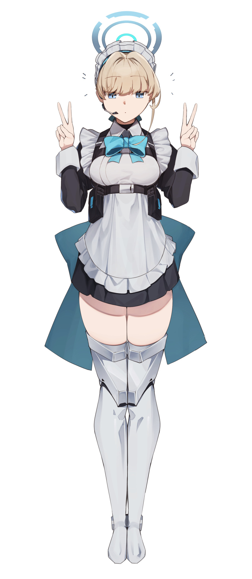 1girl, absurdres, apron, bangs, blue_archive, blue_eyes, breasts, double_v