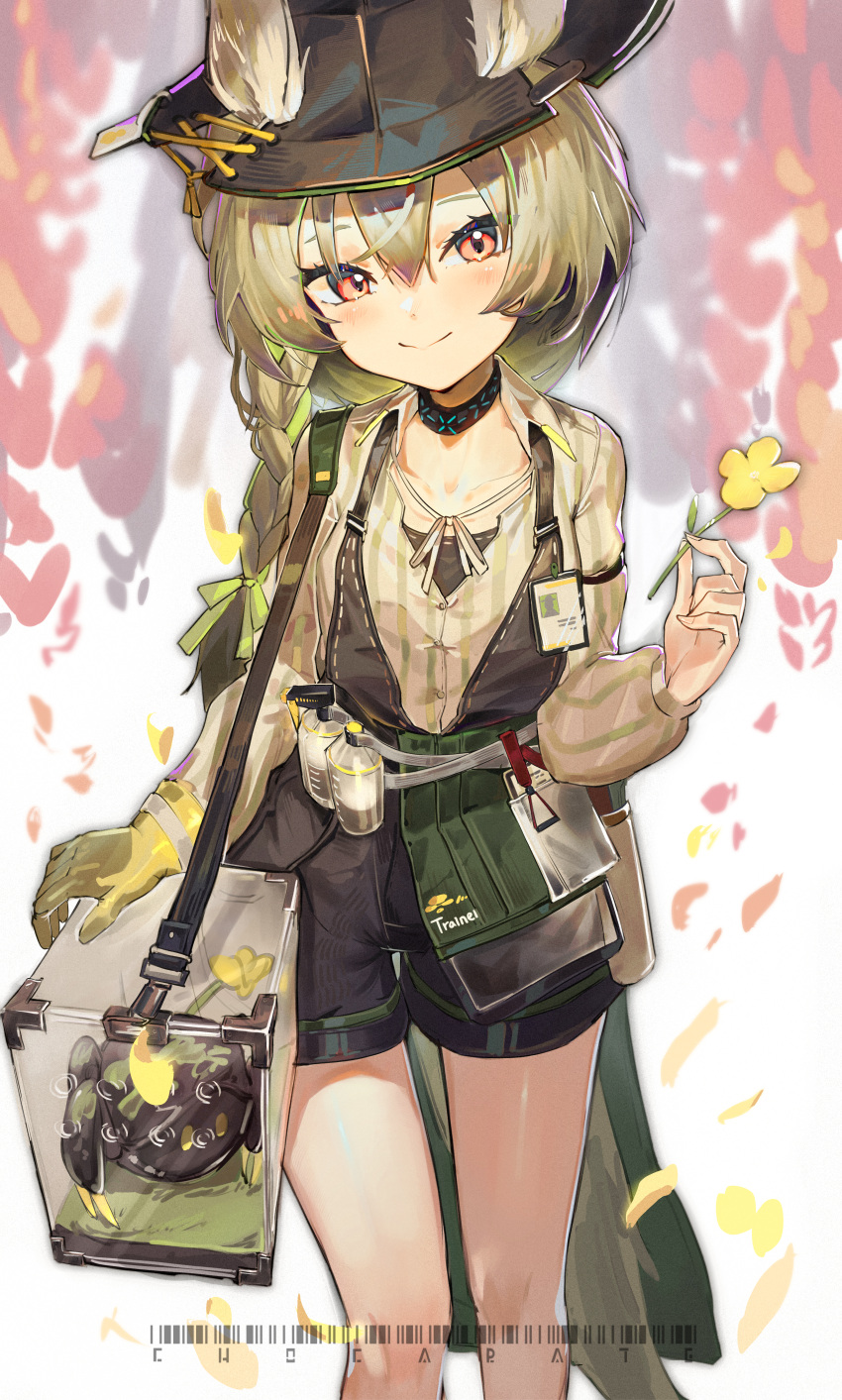 1girl, absurdres, arknights, beanstalk_(arknights), black_headwear, black_shorts, blonde_hair, blush