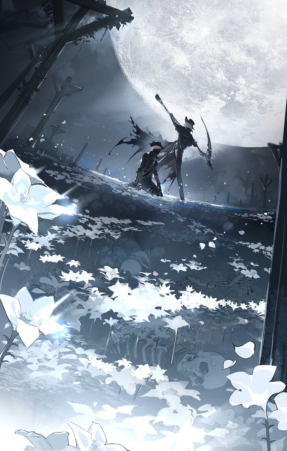 2boys, black_jacket, black_pants, bloodborne, bloodytongue666, burial_blade, cape, execution, field, flower, flower_field, gehrman_the_first_hunter, grass, hat, highres, hunter_(bloodborne), imminent_death, jacket, moon, multiple_boys, night, night_sky, pants, seiza, sitting, sky, tricorne