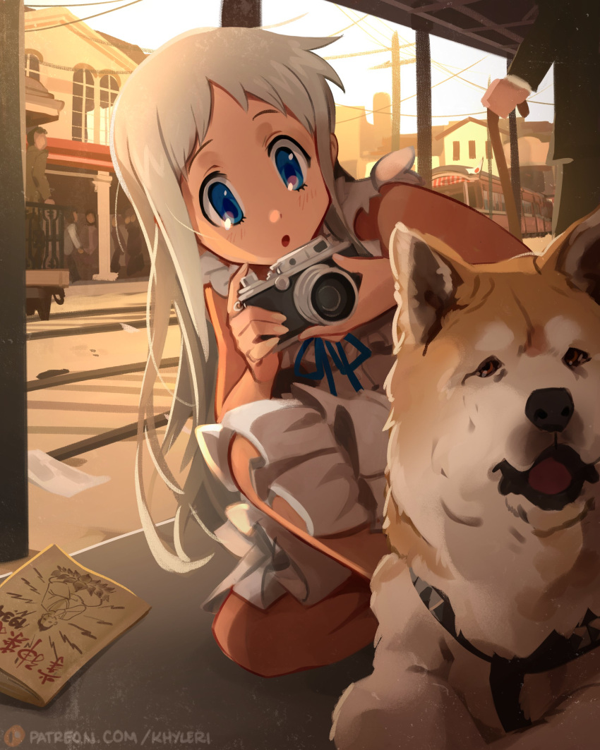 1girl, :o, absurdres, animal, bangs, bare_shoulders, black_jacket, black_pants, blue_eyes, blue_ribbon, blush, book, brown_jacket, camera, copyright_request, day, dog, dress, grey_hair, hachikou_(dog), highres, holding, holding_camera, jacket, khyle., long_hair, long_sleeves, neck_ribbon, open_mouth, outdoors, pants, real_life, ribbon, squatting, watermark, web_address, white_dress