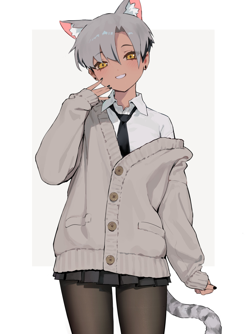 1girl, absurdres, animal_ear_fluff, animal_ears, bangs, black_nails, black_necktie, black_pantyhose, black_skirt, brown_eyes, cardigan, cat_ears, cat_girl, cat_tail, collared_shirt, commentary, dark-skinned_female, dark_skin, english_commentary, grey_cardigan, grey_hair, highres, kara_(vertigris), like_and_retweet, necktie, off_shoulder, original, pantyhose, parted_bangs, shirt, skirt, sleeves_past_wrists, smile, solo, tail, textless_version, undercut, vertigris