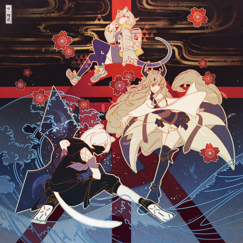 3girls, 7hertz, absurdres, animal_ear_fluff, animal_ears, arknights, arm_support, black_footwear