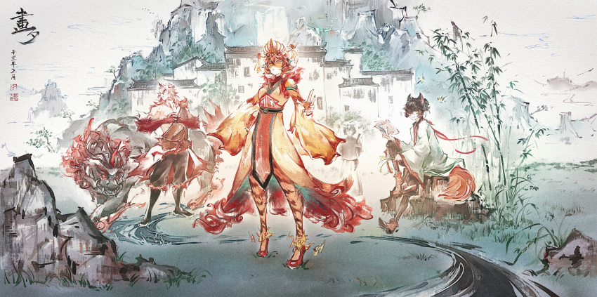 1girl, 3boys, 7hertz, aak_(arknights), absurdres, alternate_costume, animal_ears, architecture