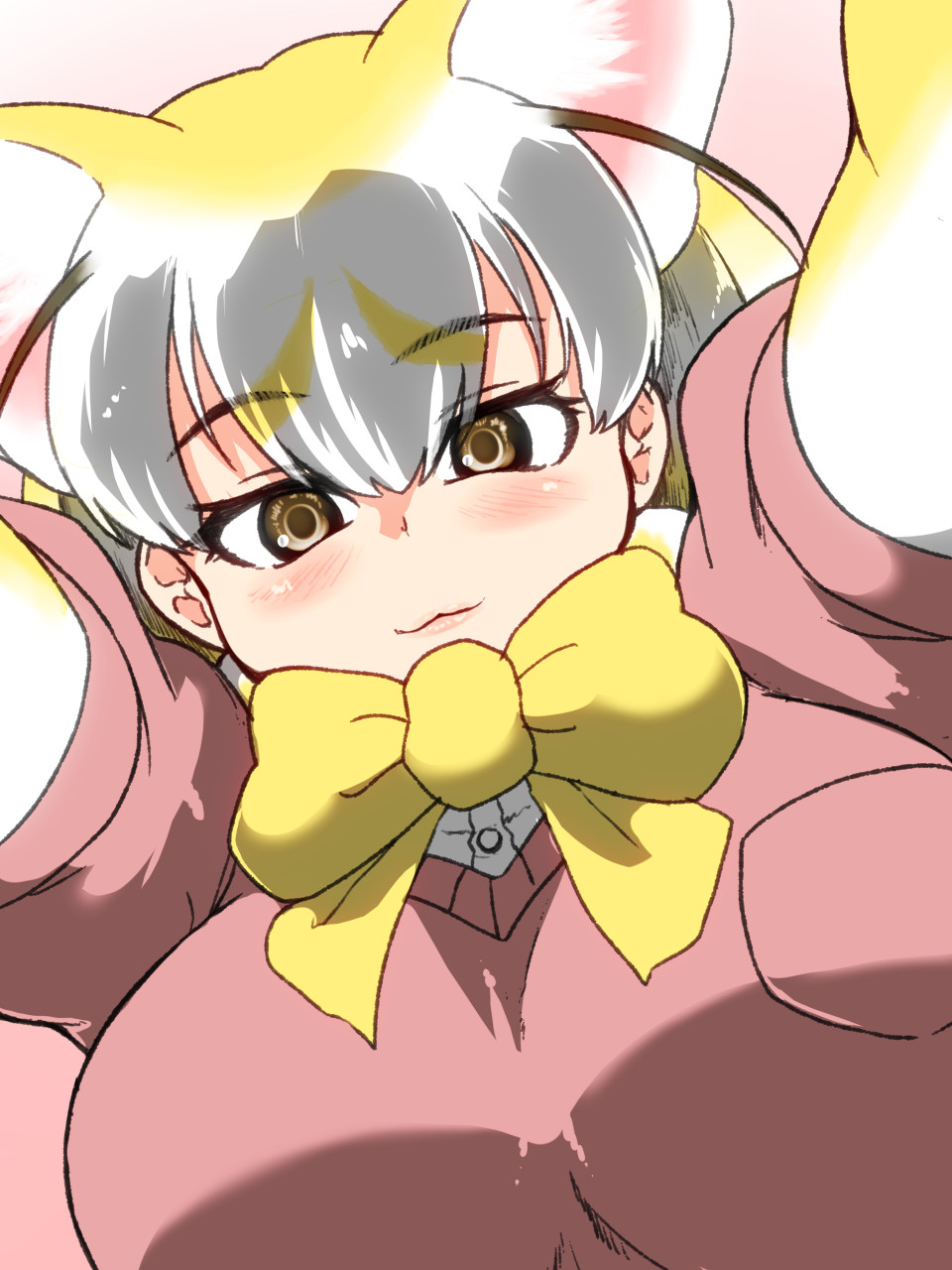 1girl, :3, animal_ears, blonde_hair, blush, bow, bowtie, breasts