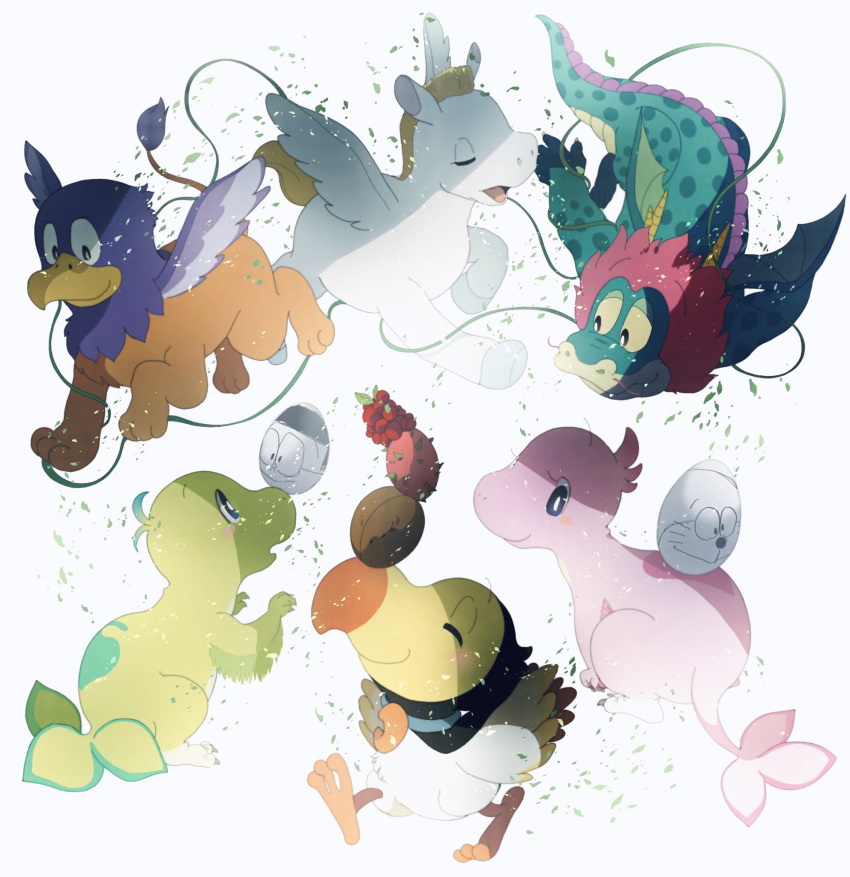animal_focus, balancing, character_print, chimera, coconut, dodo_(bird), doraemon, doraemon_(character), draco_(doraemon), dragon, dragon_fruit, egg, f9387dora, flying, griffin, gris_(doraemon), happy, highres, kurajo_(doraemon), no_humans, nobi_nobita, pega_(doraemon), pegasus, smile, walking