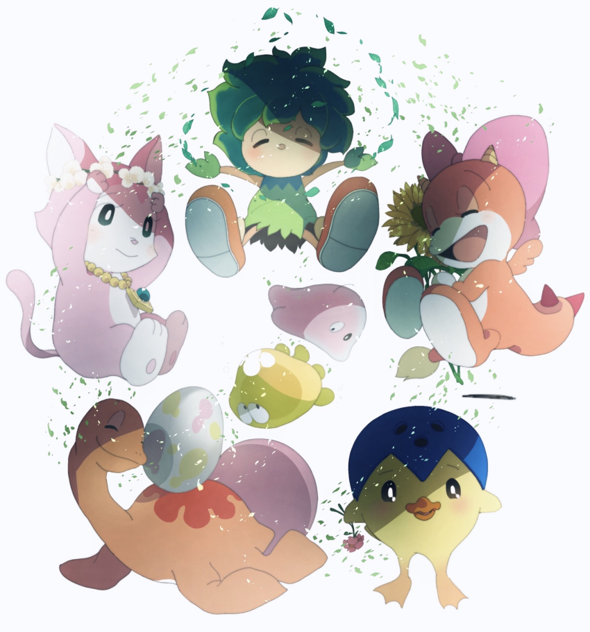 1boy, ^_^, arms_up, bird, bow, character_request, chick, closed_eyes, creature, dinosaur, doraemon, doraemon:_nobita_no_himitsu_dougu_museum, dragon, dress, f9387dora, falling_leaves, flower, flower_wreath, full_body, green_dress, happy, head_wreath, highres, holding, holding_flower, horns, jewelry, kibo_(doraemon), leaf, looking_at_viewer, mangetsu_miyoko, mangetsu_miyoko_(cat), necklace, nuzzle, pendant, pink_bow, pink_flower, pippo_(doraemon), pisuke_(doraemon), popon_(doraemon), shoe_soles, shoes, simple_background, sunflower, white_background, white_flower, wings, yellow_flower