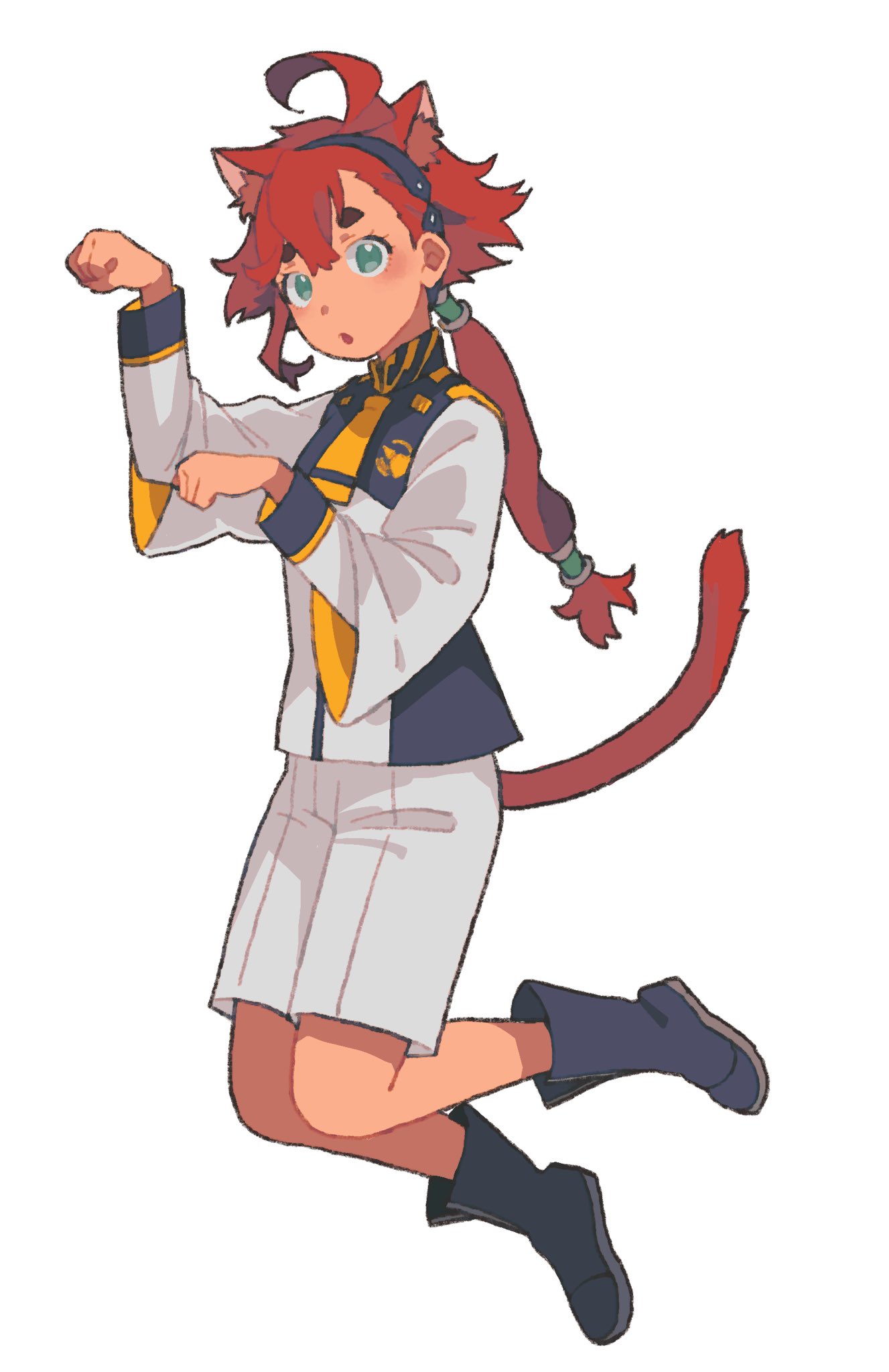 1girl, :o, ahoge, animal_ear_fluff, animal_ears, aqua_eyes, asticassia_school_uniform, black_footwear