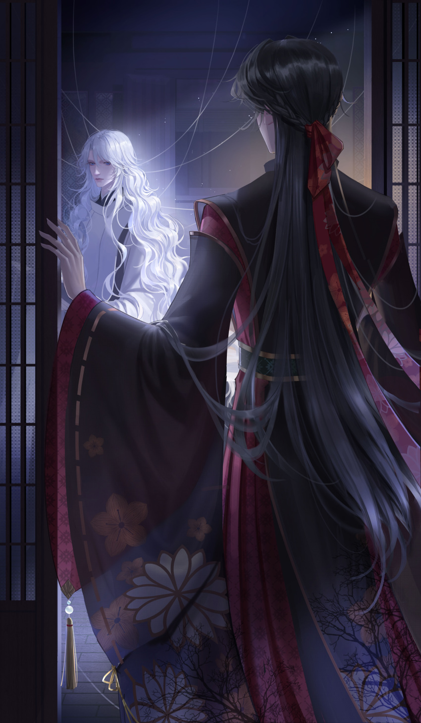 2boys, absurdres, bai_liu, black_hair, chinese_clothes, floating_hair, glint, hanfu, highres, i_became_a_god_in_a_horror_game, light_particles, light_rays, long_hair, long_sleeves, male_focus, multiple_boys, qingrihuanghun, tavel, white_hair