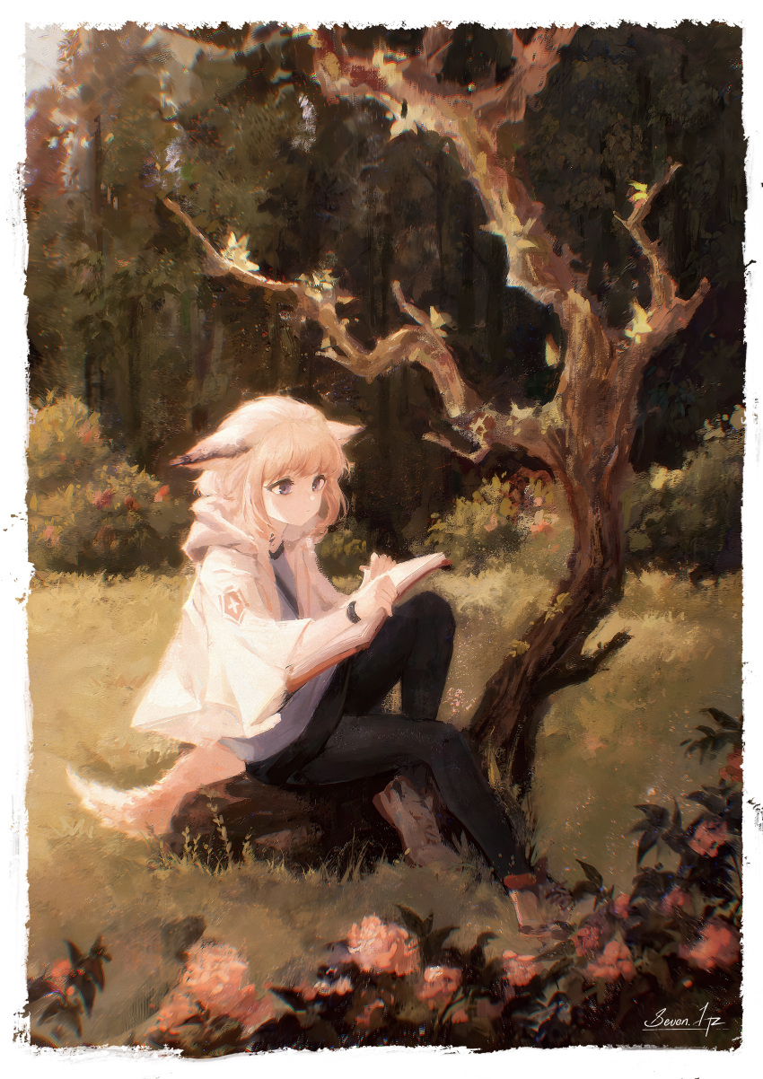 1girl, 7hertz, :/, absurdres, animal_ears, arknights, bare_tree, black_pants
