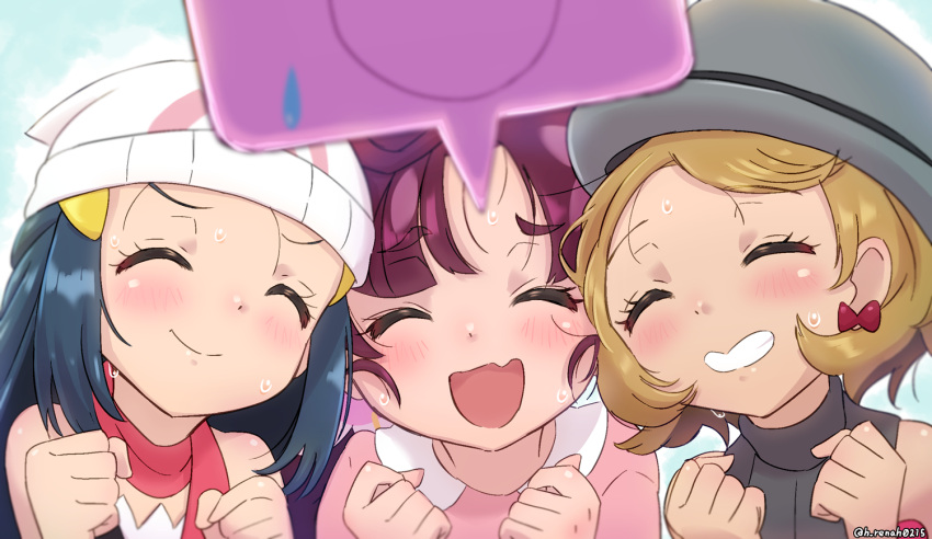 3girls, :d, bangs, beanie, blonde_hair, blush, chloe_(pokemon), clenched_hands, closed_eyes, closed_mouth, commentary_request, eyelashes, grey_headwear, grey_sweater_vest, grin, h_renah, hands_up, hat, hikari_(pokemon), multiple_girls, open_mouth, pink_scarf, pokemon, pokemon_(anime), pokemon_journeys, rotom, rotom_phone, scarf, serena_(pokemon), smile, sweat, sweater_vest, teeth, white_headwear