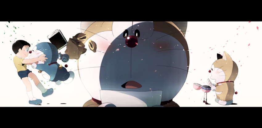 1boy, ^_^, animal_ears, bag, bell, black_hair, blue_shorts, blush, book, cat_ears, character_doll, closed_eyes, doraemon, doraemon_(character), dorayaki, f9387dora, face-to-face, facing_another, falling_leaves, falling_petals, food, glasses, happy, highres, imminent_hug, jingle_bell, jumping, leaf, letterboxed, male_focus, multiple_views, neck_bell, nobi_nobita, open_mouth, paper_bag, petals, portrait, profile, reading, robot, round_eyewear, shirt, short_hair, short_sleeves, shorts, socks, standing, surprised, wagashi, white_background, white_socks, yellow_shirt