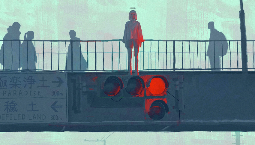 1girl, absurdres, bob_cut, bridge, direction_board, full_body, halo, highres, long_sleeves, multiple_others, natari, original, outdoors, railing, shirt, short_hair, shorts, solo_focus, traffic_light, white_hair, white_shirt