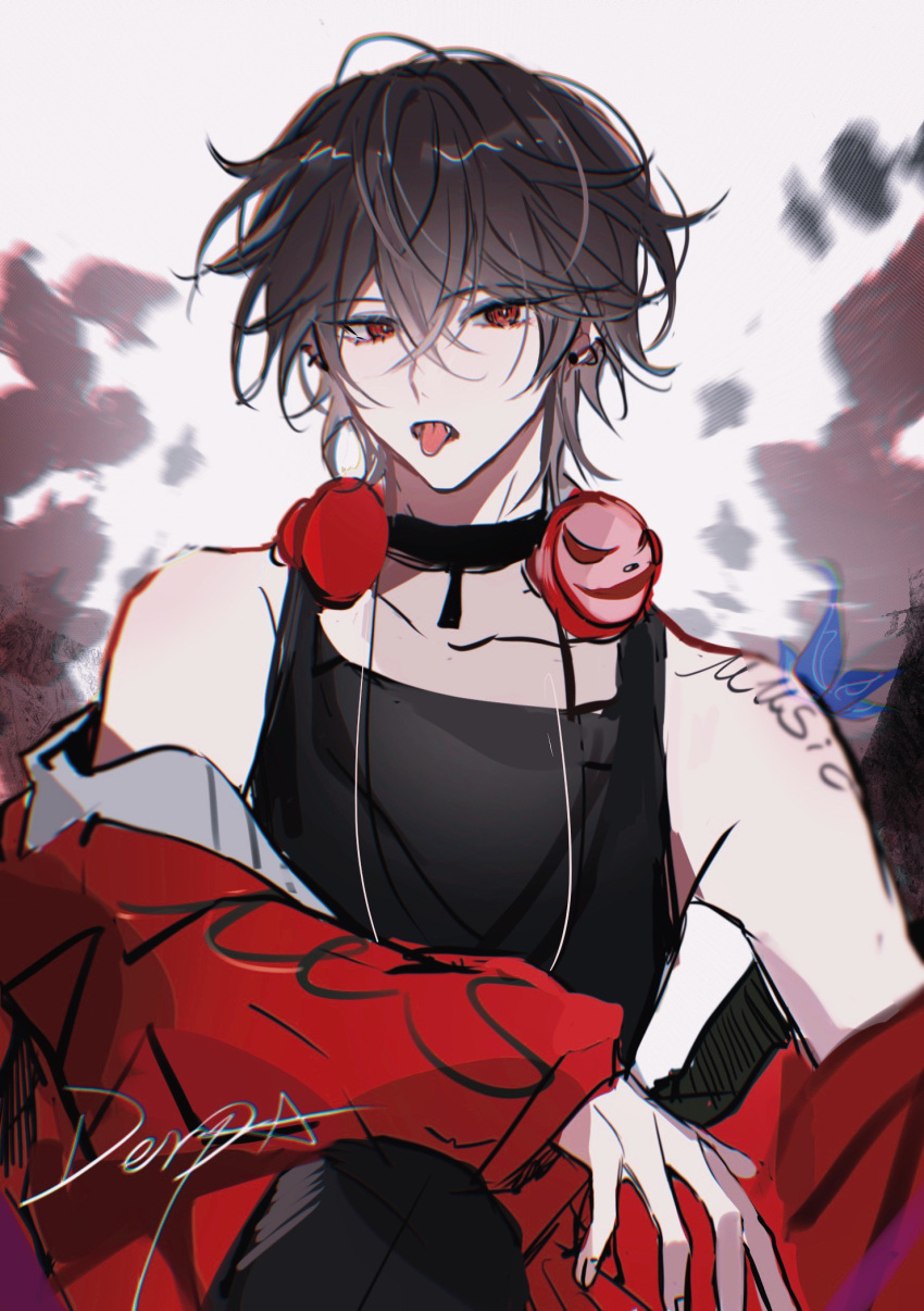 1boy, bare_shoulders, black_choker, choker, headphones, headphones_around_neck, highres, i_became_a_god_in_a_horror_game