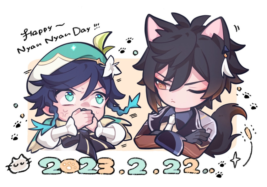 2boys, anger_vein, animal_ears, antenna_hair, aqua_eyes, aqua_hair, b_bmvp, brown_hair
