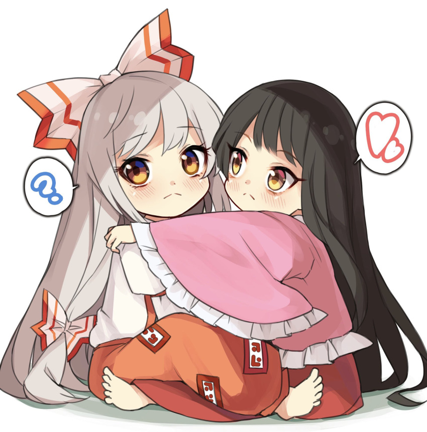 2girls, :<, ?, baggy_pants, bangs, barefoot, black_hair, blush