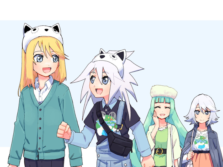 2boys, 2girls, alternate_costume, animal_hat, azuma_yukihiko, blonde_hair, blue_eyes, cat_hat