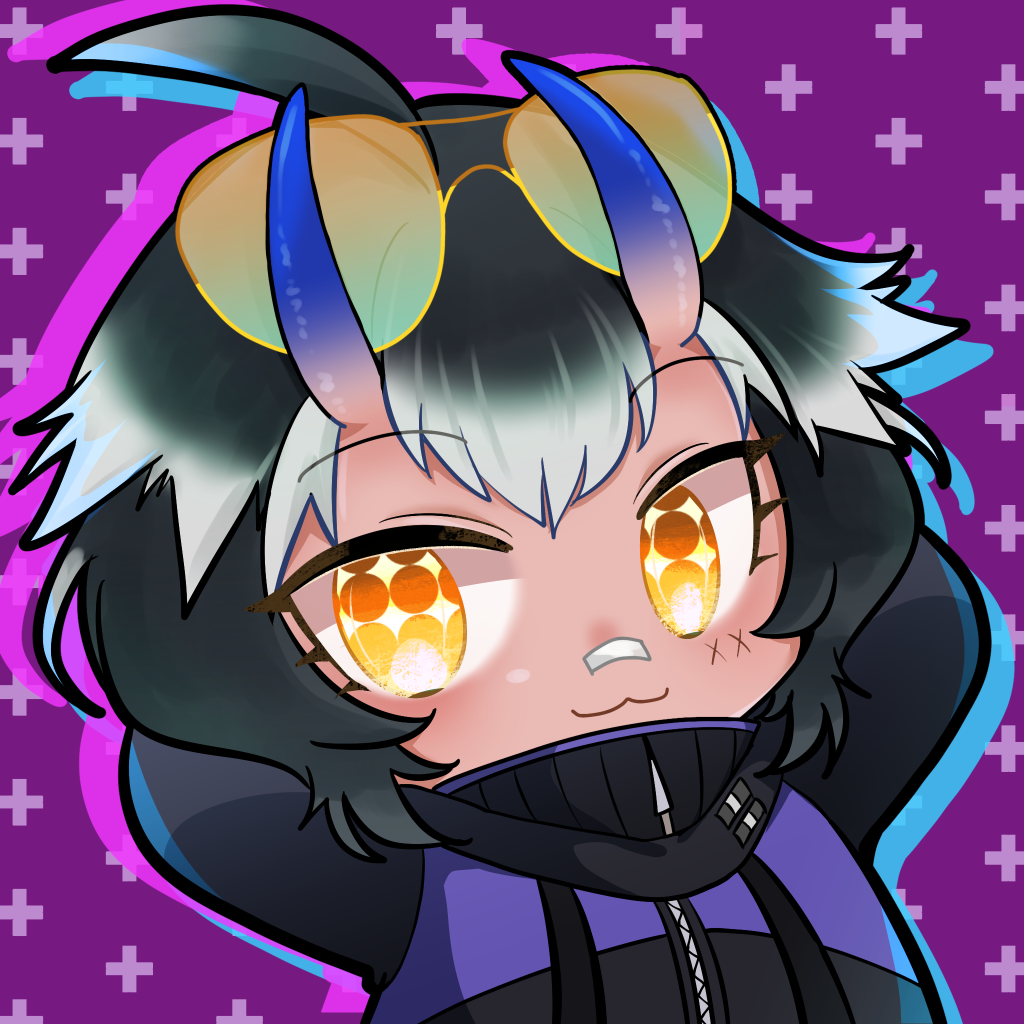 1boy, bandaged_arm, bandages, black_hair, black_oni, breasts, character_name, colored_skin