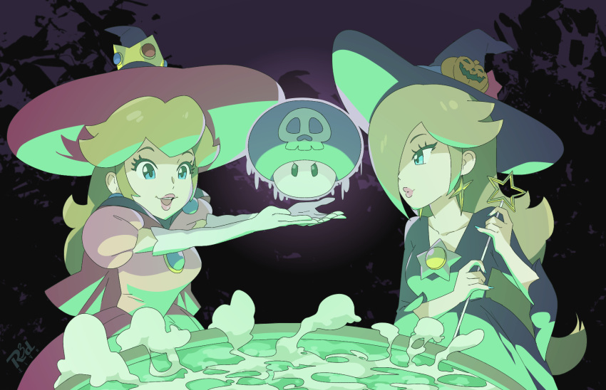 2girls, black_dress, blonde_hair, blue_eyes, breasts, cauldron, collarbone, dress