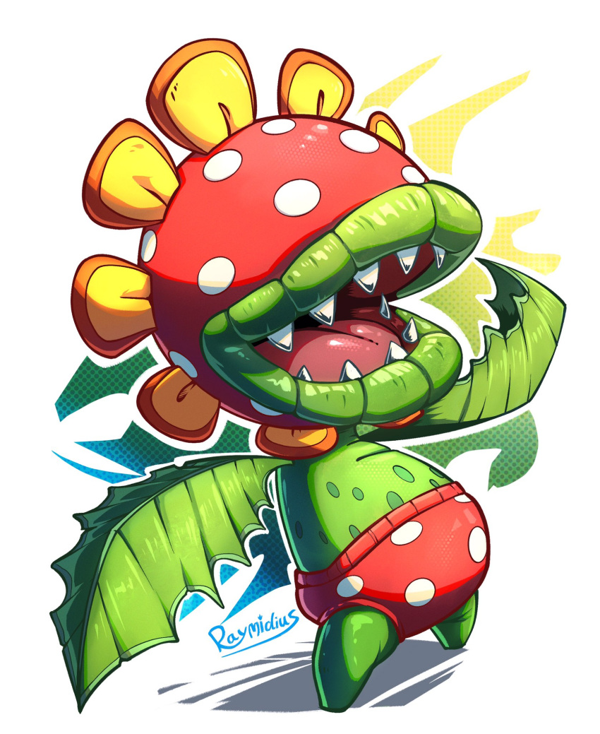 highres, male_underwear, open_mouth, petey_piranha, plant_monster, polka_dot_underwear, raymidius, red_male_underwear, sharp_teeth, signature, simple_background, super_mario_bros., teeth, underpants, underwear, white_background