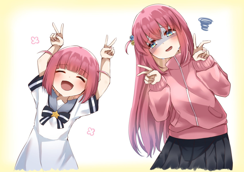 2girls, ^_^, arms_up, bangs, black_bow, black_skirt, blue_eyes, blunt_bangs